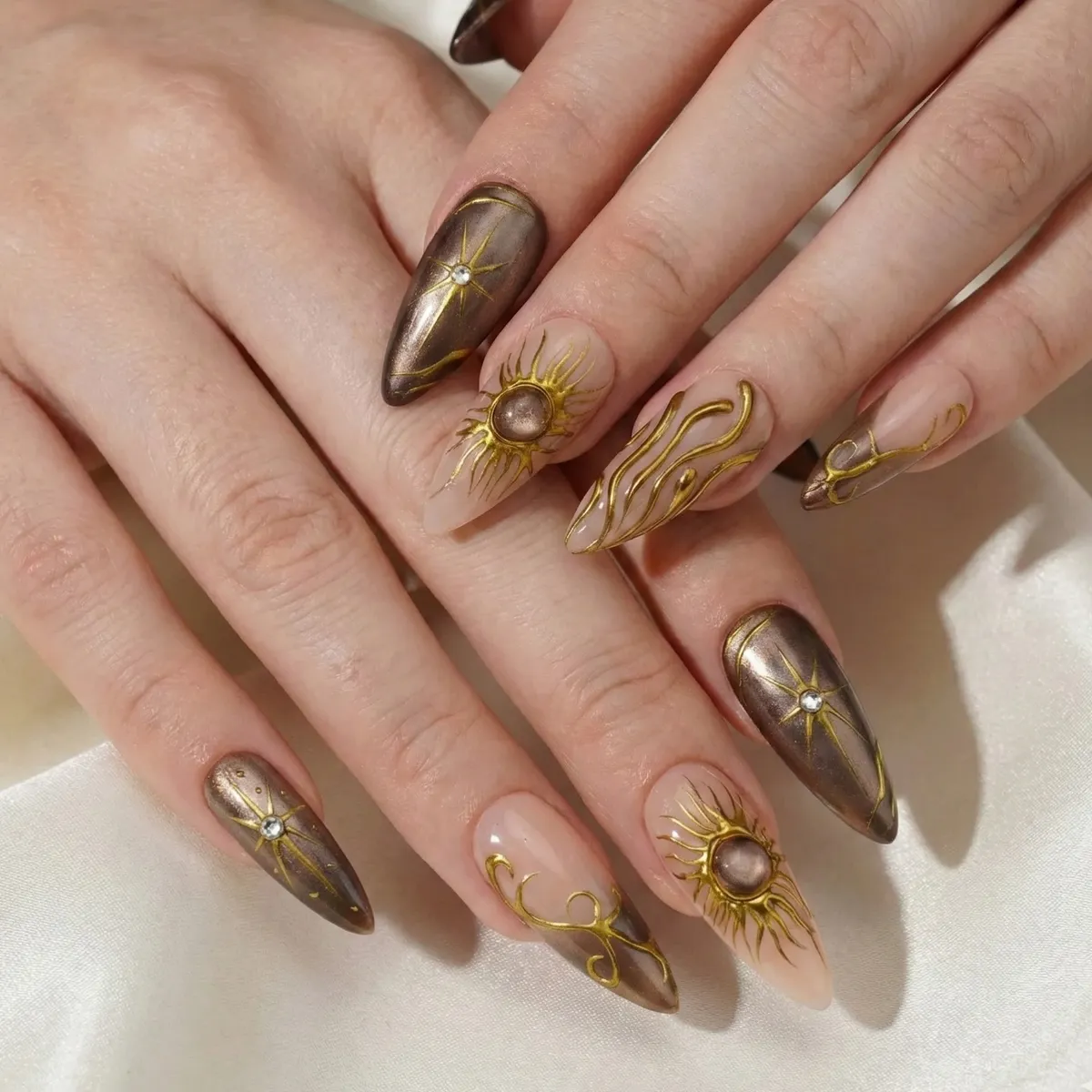 Smoky Brown and Nude with Gold Starburst Line Art
