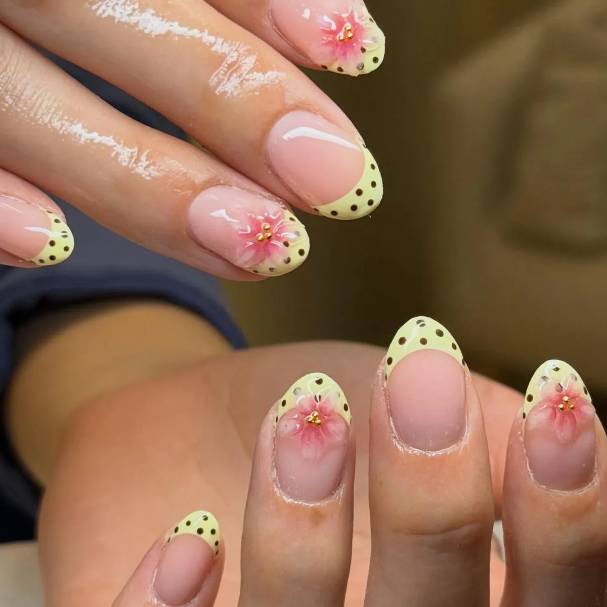 Polka-Dot Baby Yellow Tips with Pink Flower Accents