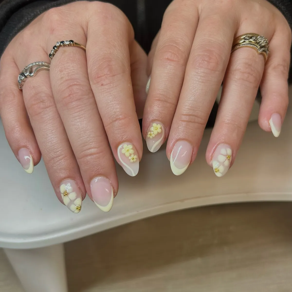 Baby Yellow French Tips with 3D-Style Floral Clusters