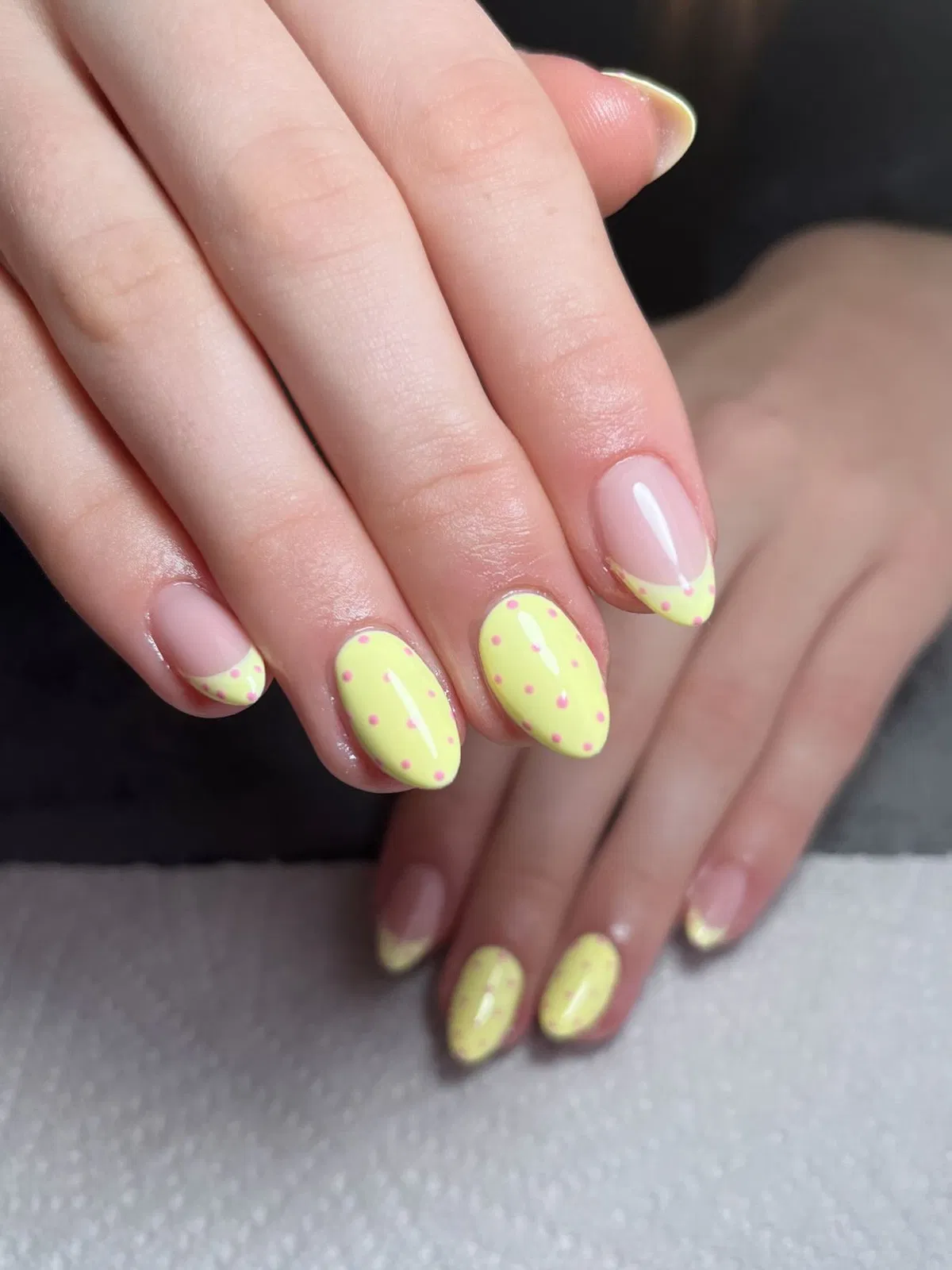 Baby Yellow with Pink Polka Dots and Dotted French Tips
