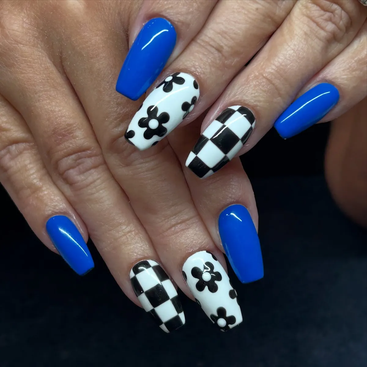 Bright blue solids with checkerboard and flower accents