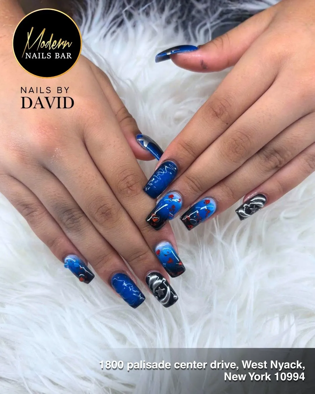 Blue-and-black set with red hearts and white squiggles