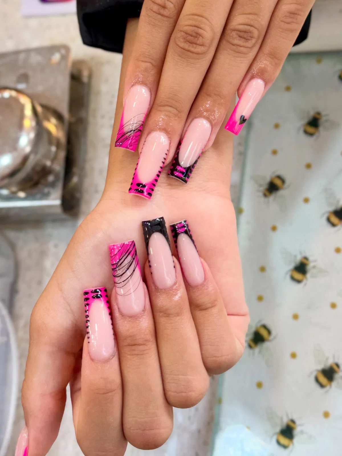 Hot Pink with Black Splatter-Gradient Tips