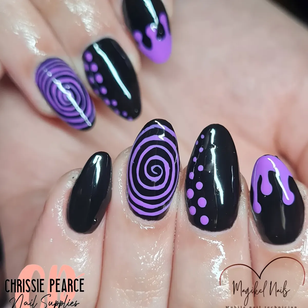 Black base with purple spirals, dots, and drips