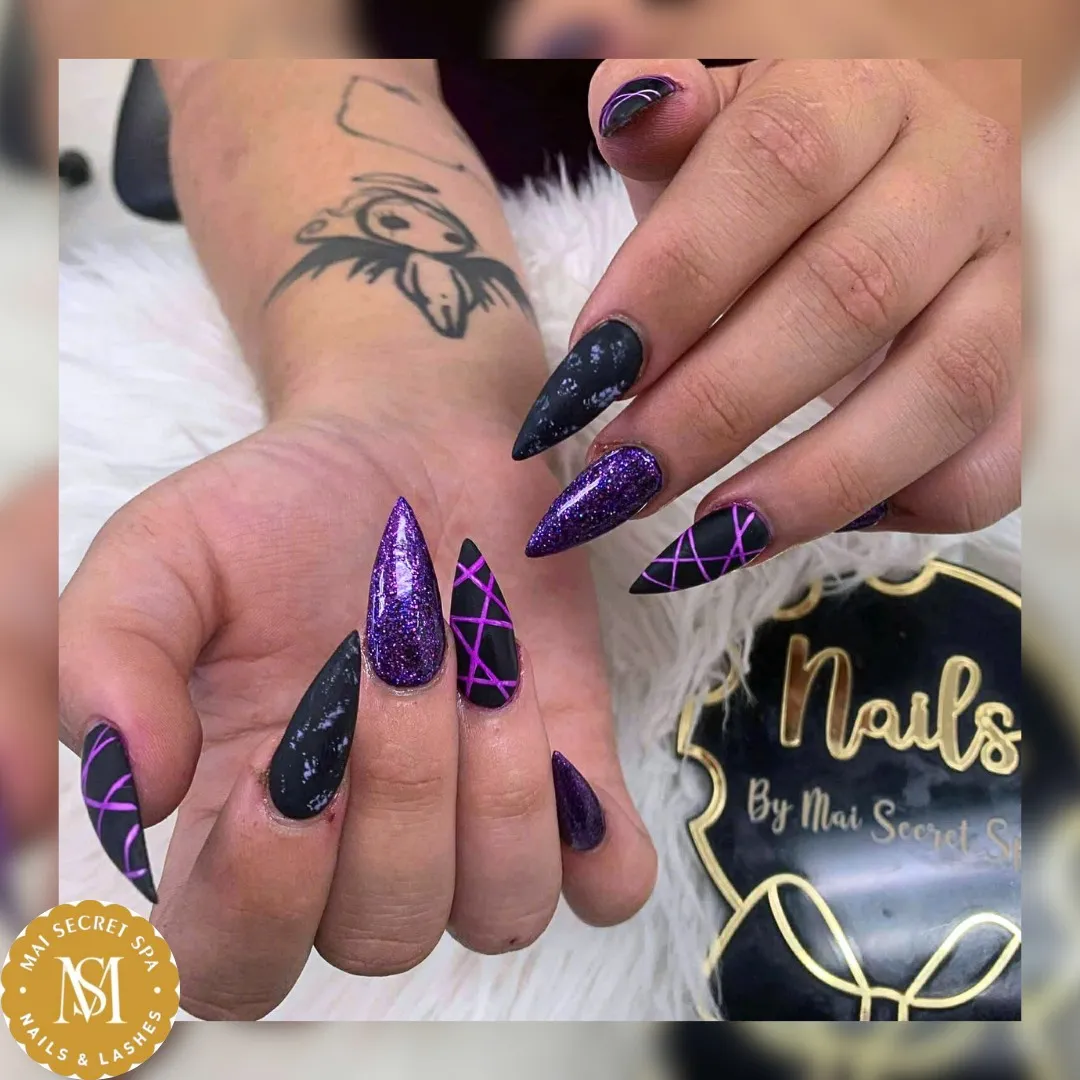 Purple glitter and black crisscross accents