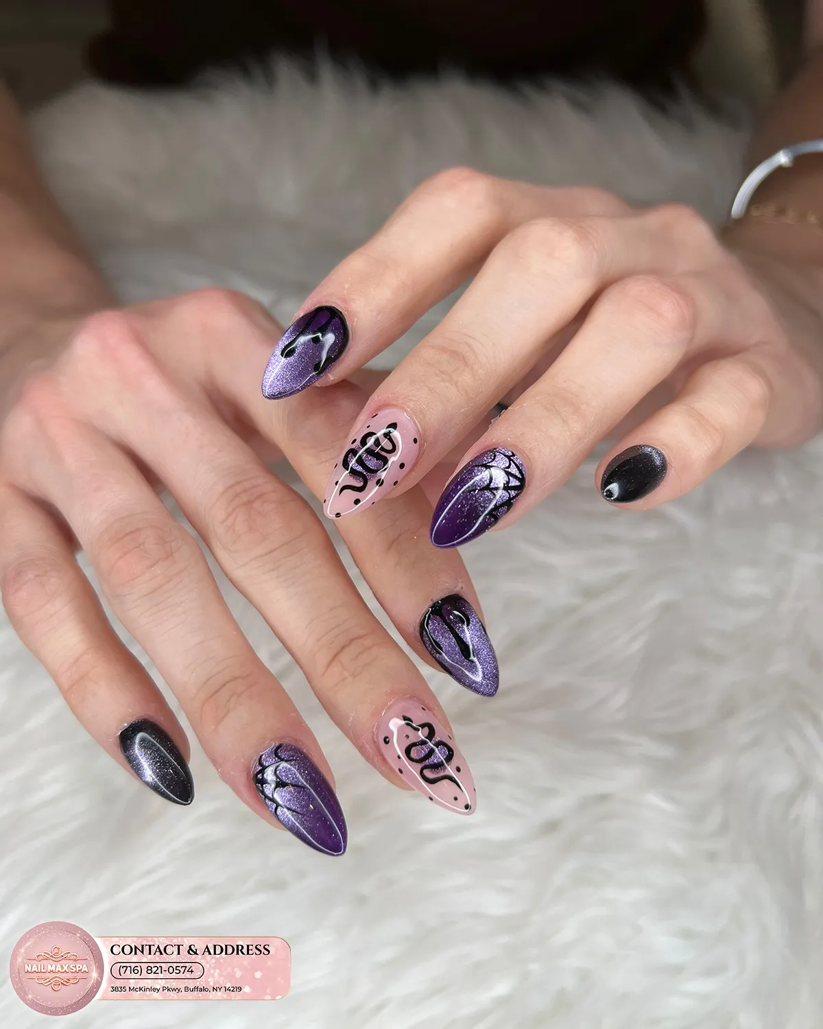 Purple shimmer with black drips, web accents, and snake motif