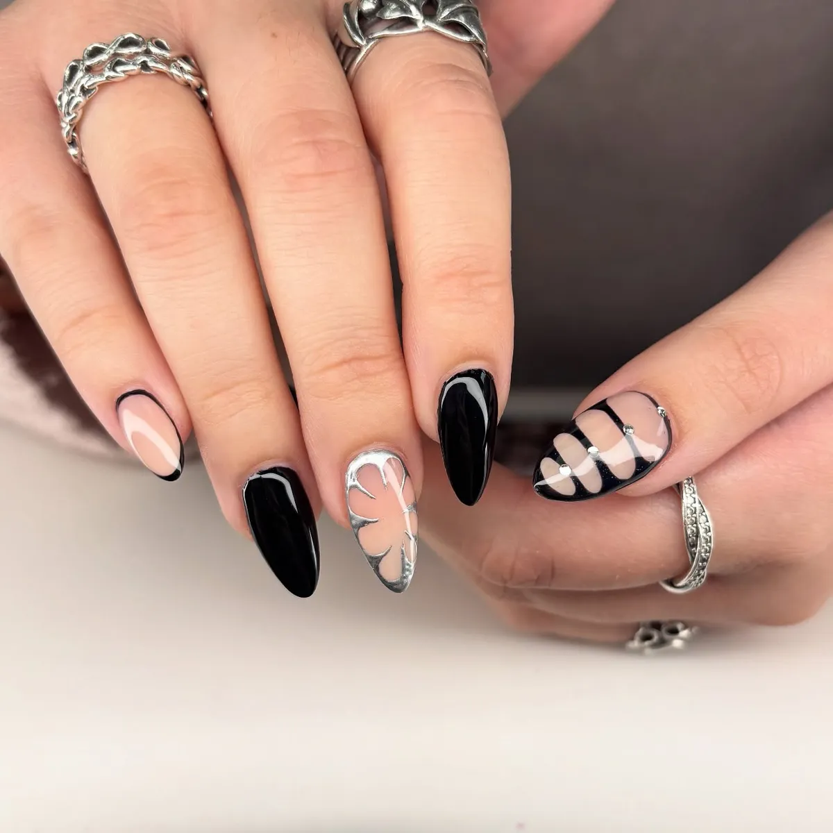 Glossy Black with Nude and Silver Line Accents