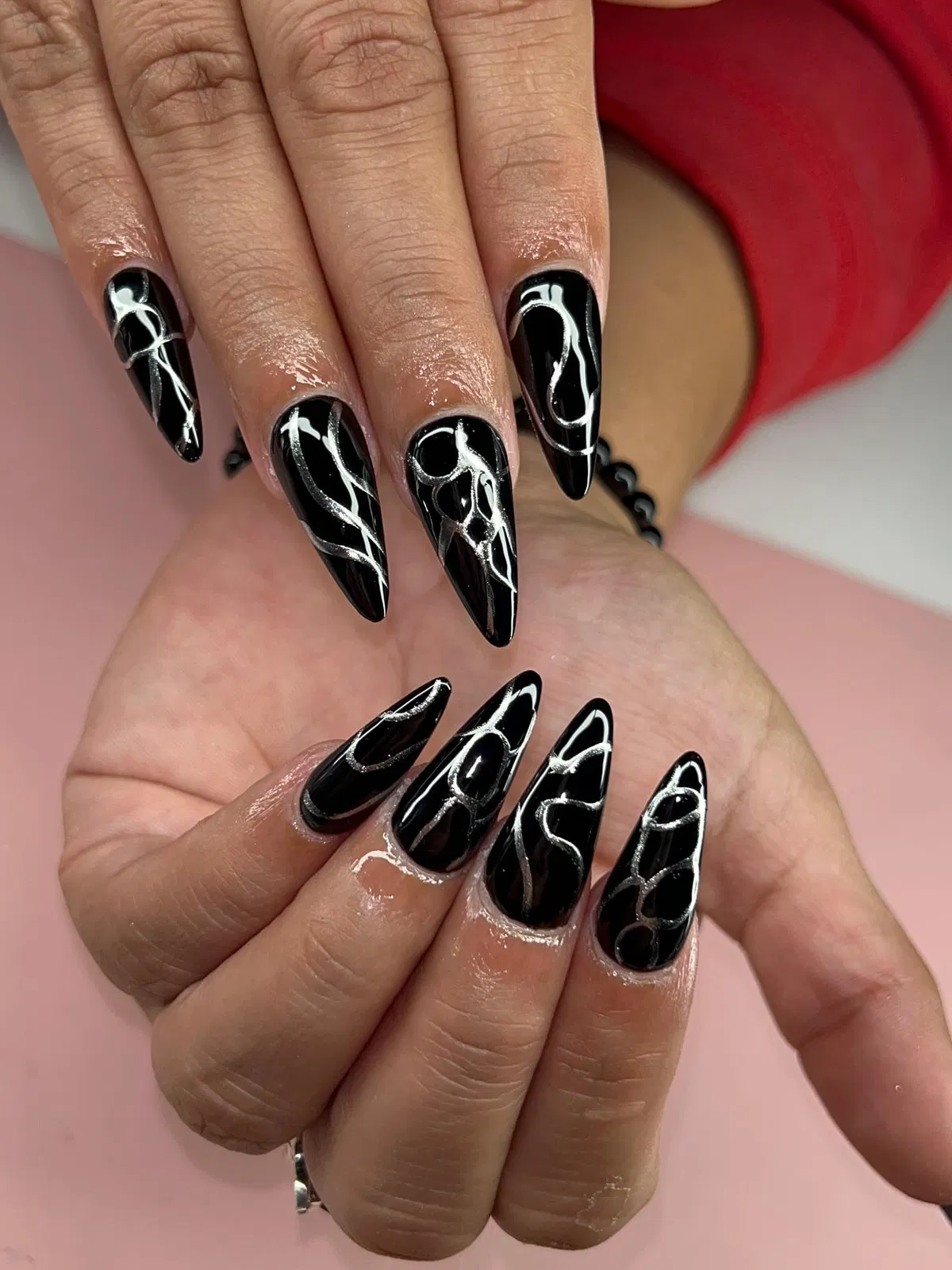 Abstract Silver Looping Lines on Glossy Black