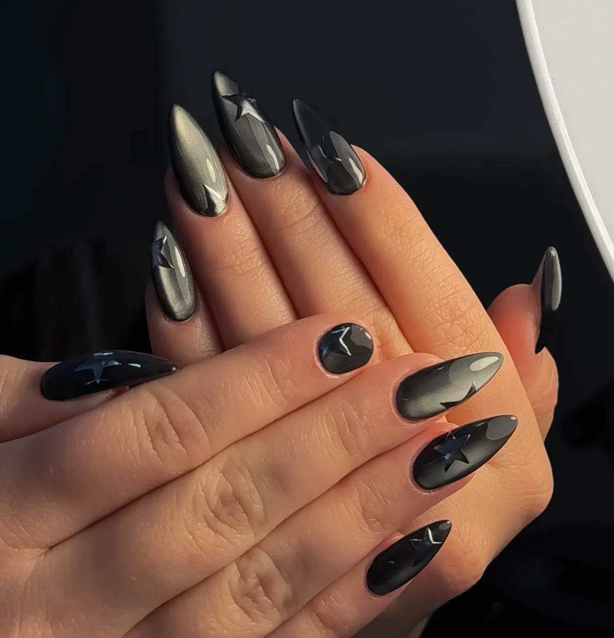 Smoky Black–Gray Cat-Eye with Star Accents