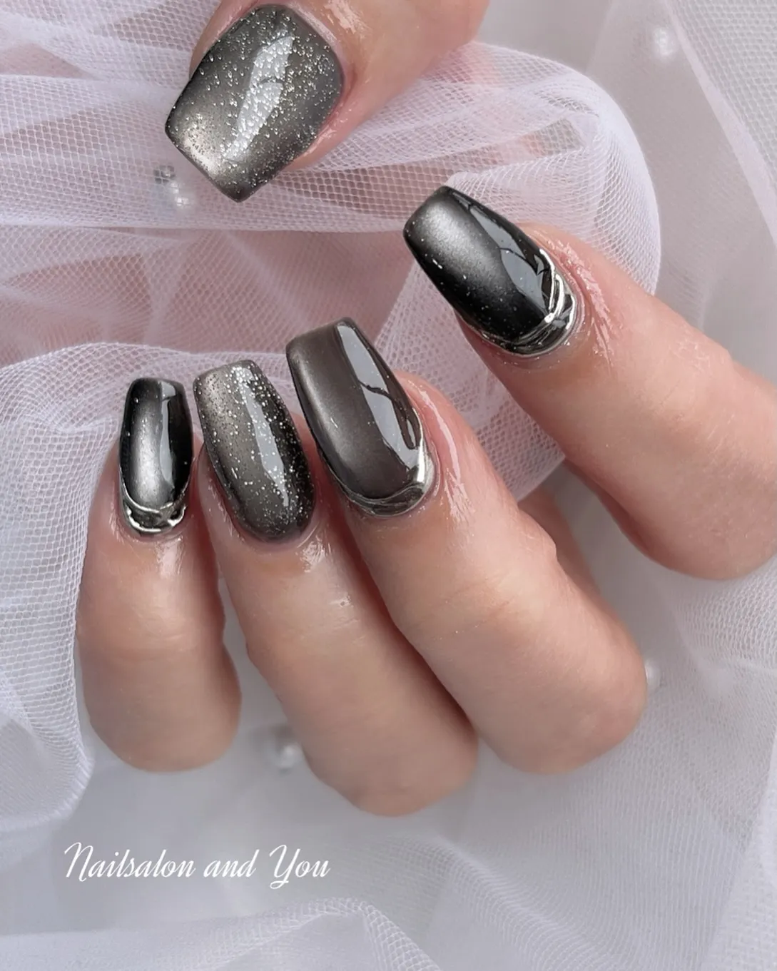Glossy Charcoal and Silver Shimmer with Curved Outlines