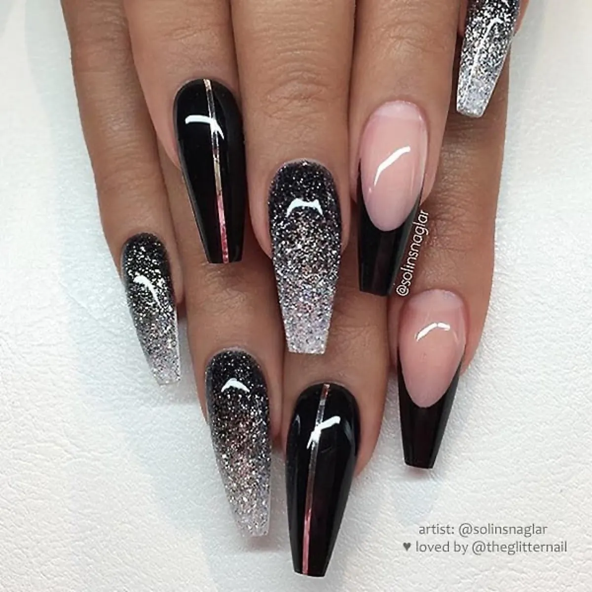 Coffin set with black, nude, and silver glitter ombré