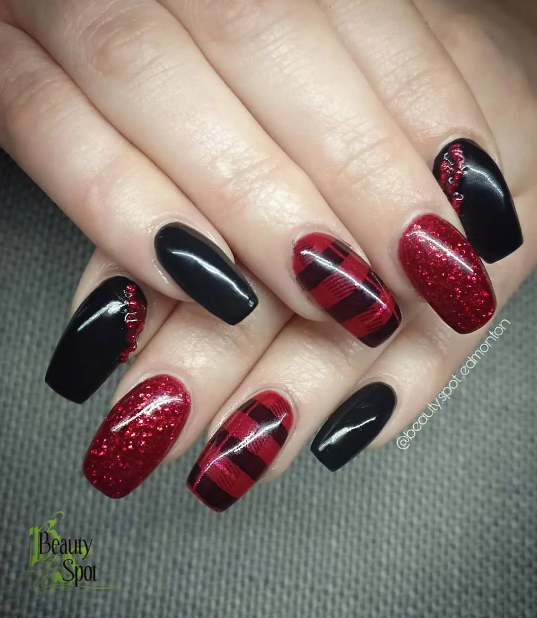 Red-and-black plaid with black solids and red glitter accents