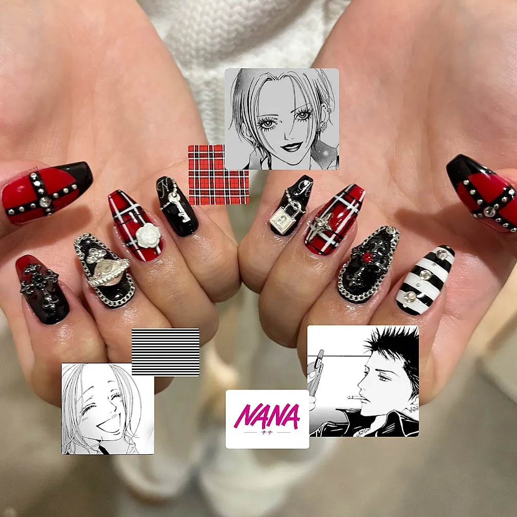 Red-and-black plaid with studs, stripes, and metallic 3D embellishments