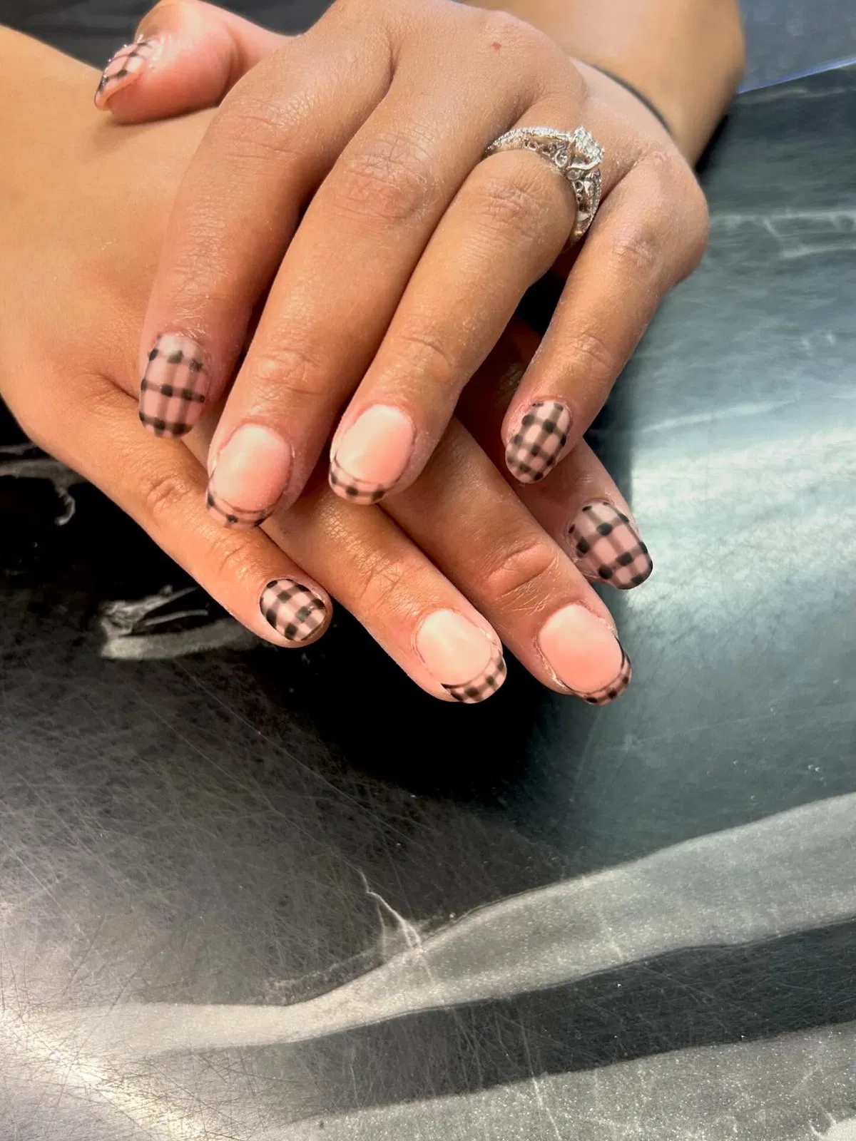Nude Base with Black Check Grid and Outlined Tips