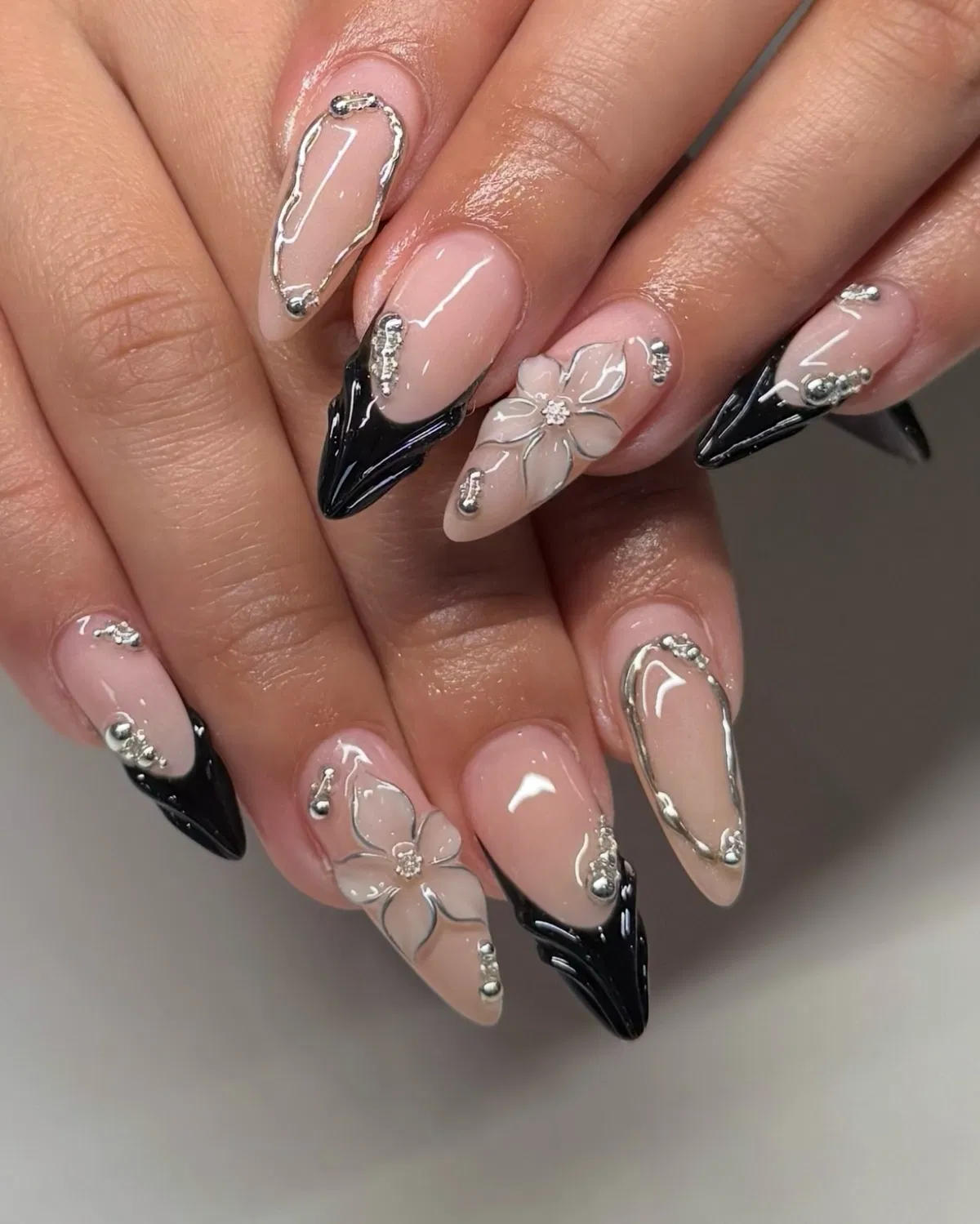 Nude Base with Black Tips, Silver Outlines, and White 3D Florals