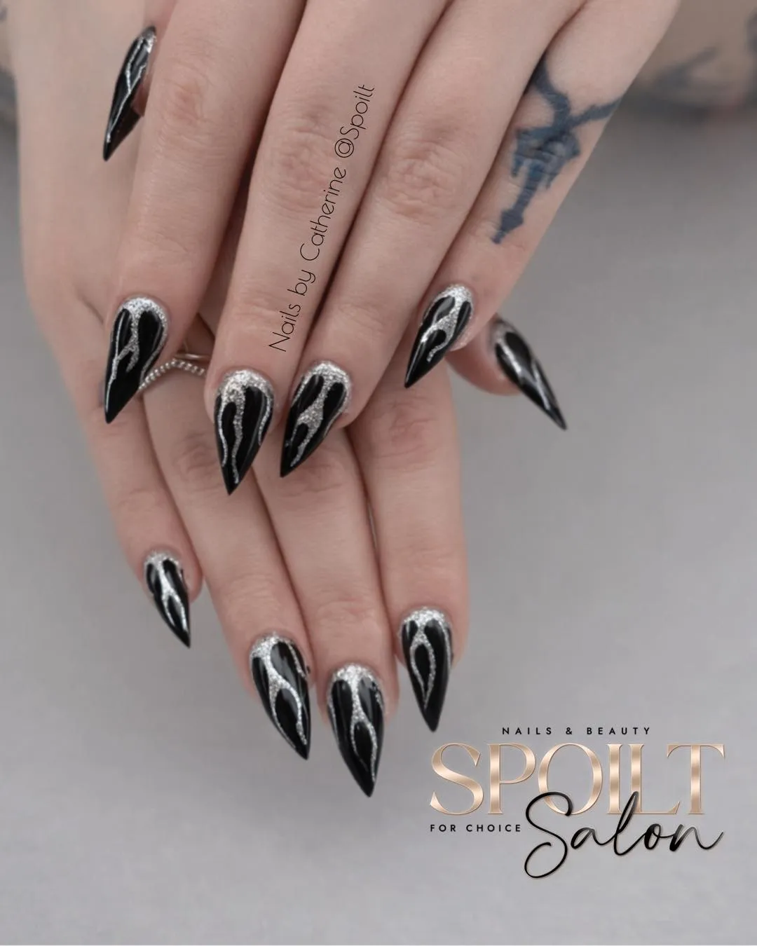 Black and Silver Glitter Flame Pattern Stilettos