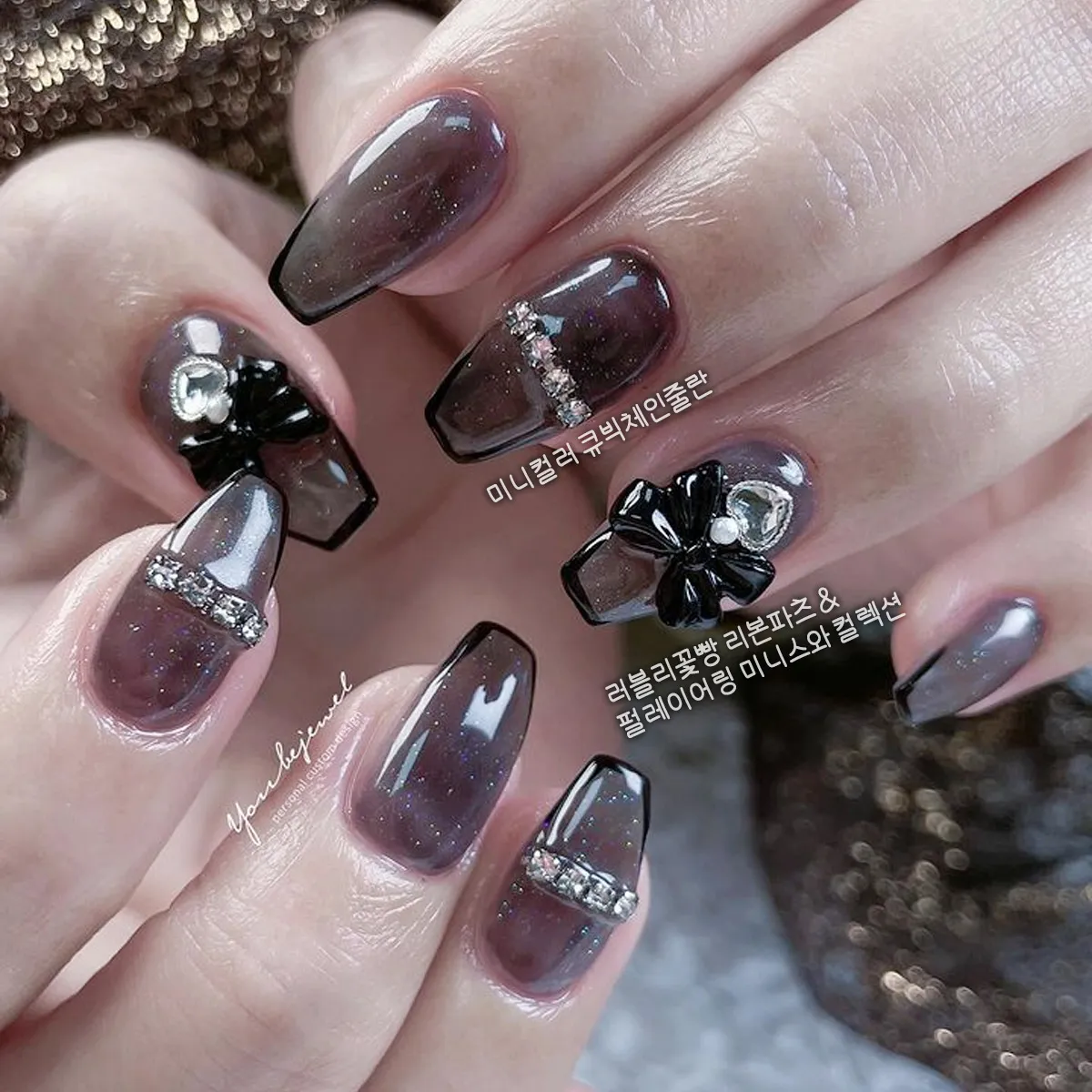 Smoky square black tips with gem bands and raised black bows
