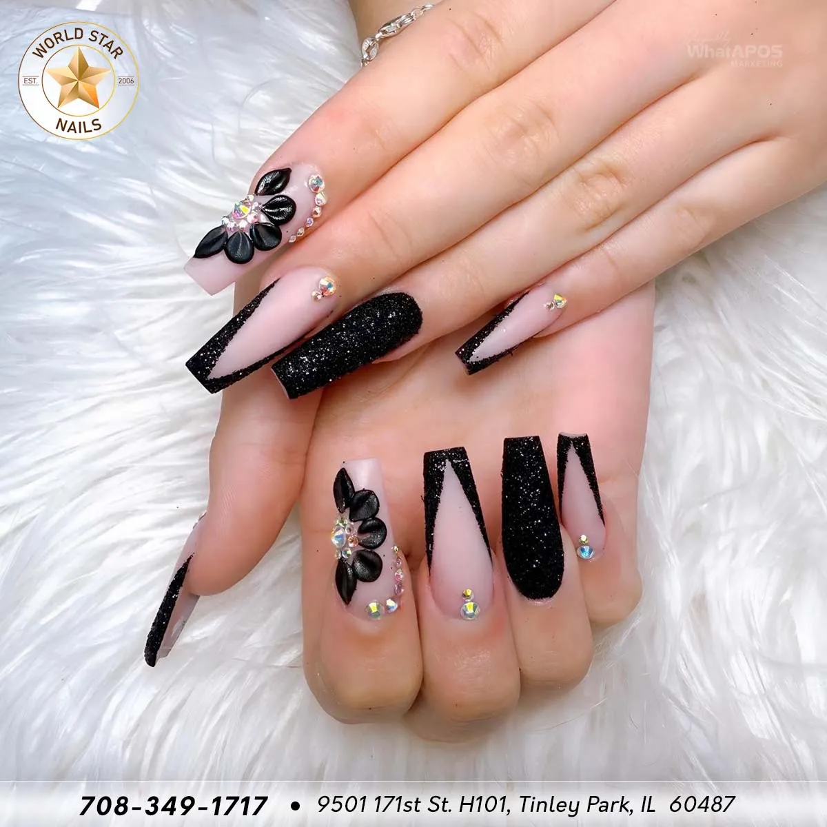 Coffin black glitter V-tips with rhinestones and raised floral accents