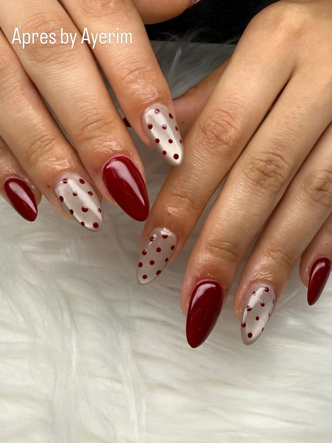 Deep red gloss with white-and-red polka dot accents