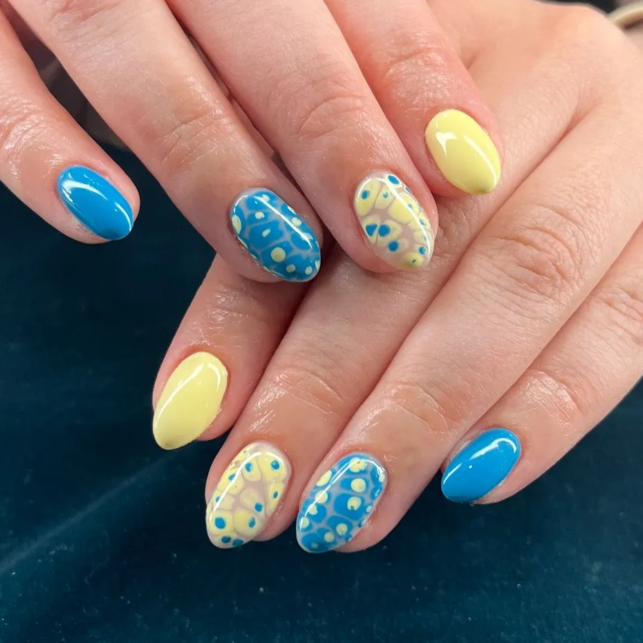 Solid blue/yellow with bubbly dot overlays