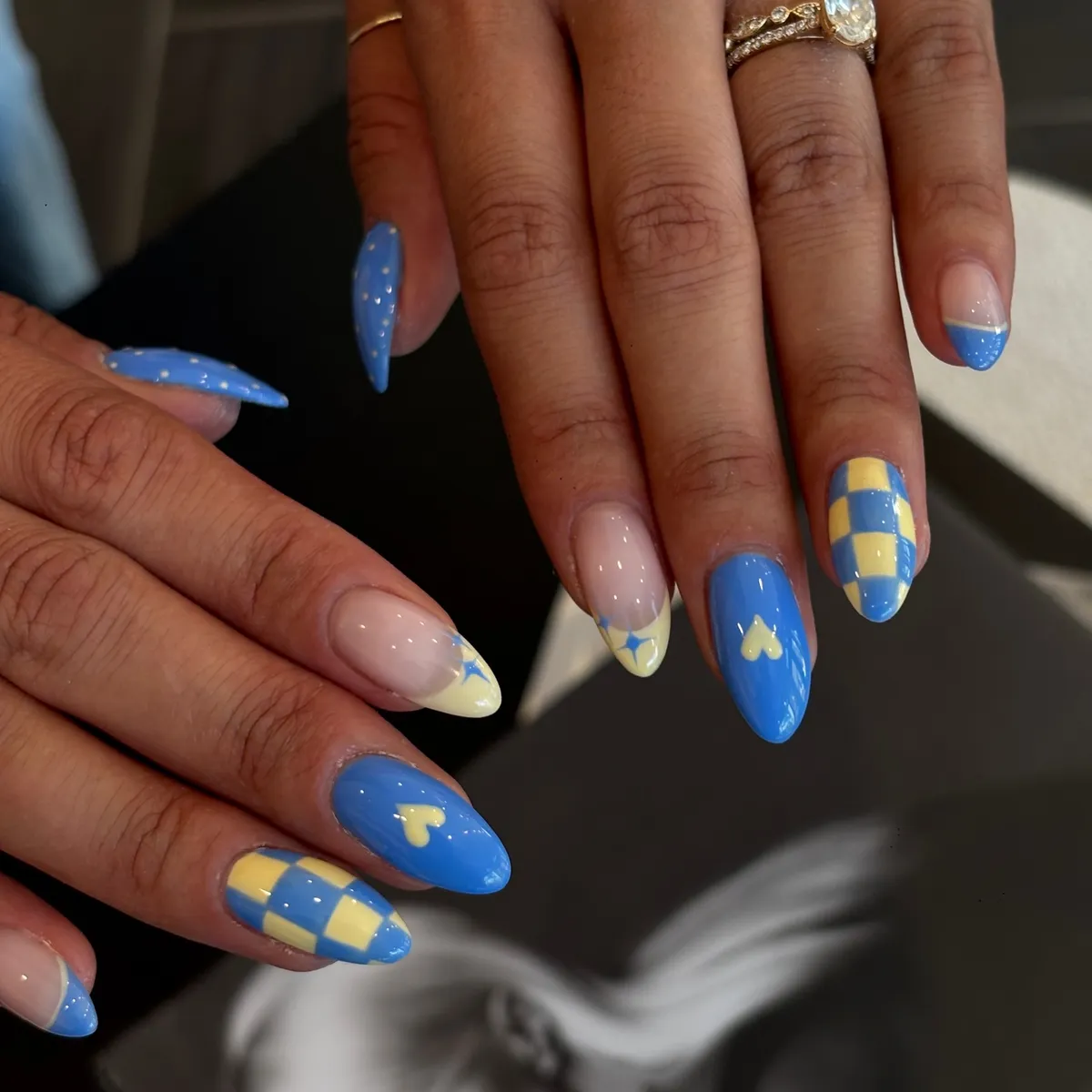 Blue hearts, checkerboard, and star-tipped accents
