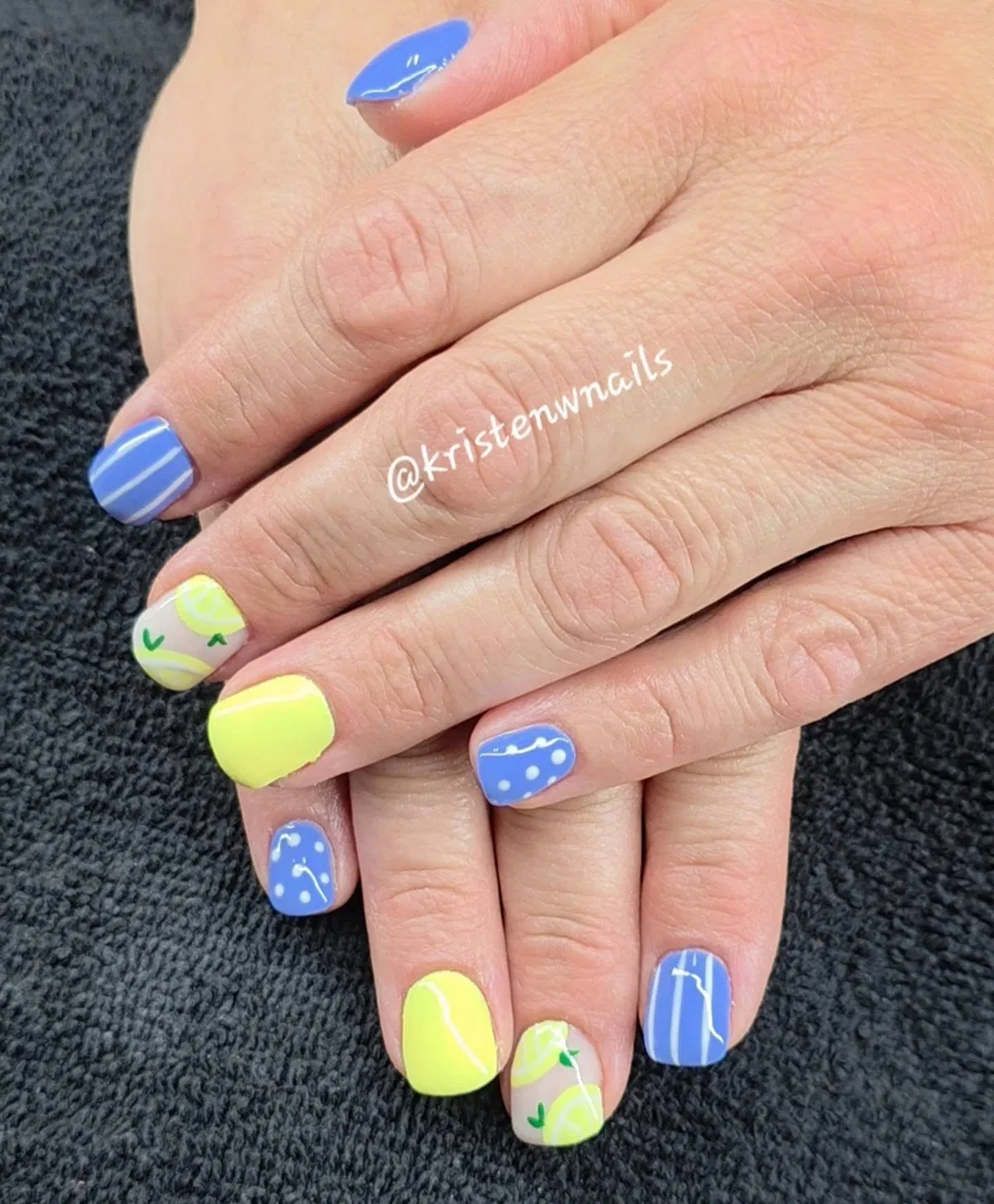 Neon yellow solids with blue stripes and dots