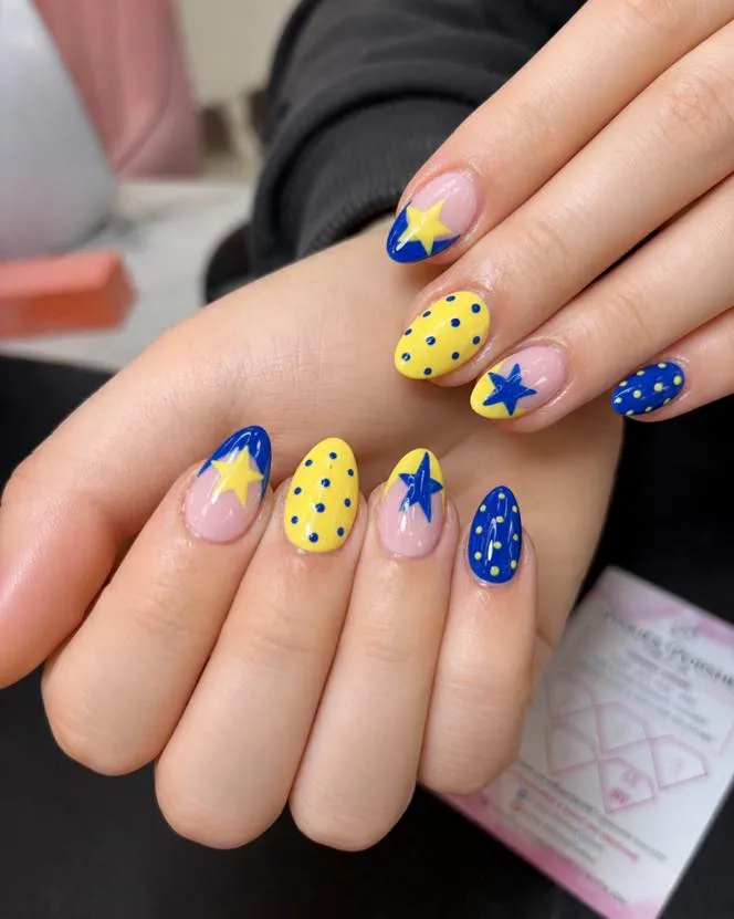 Stars and polka dots in blue and yellow
