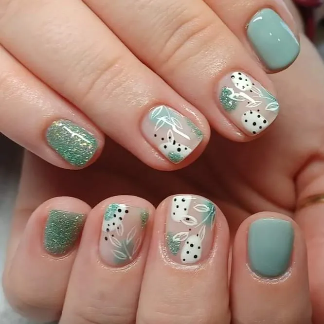 Muted Teal with Glitter and Dotted Botanical Accents