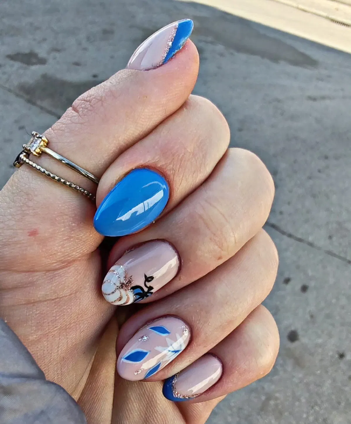 Blue Tips on Nude Base with Leaf Accents