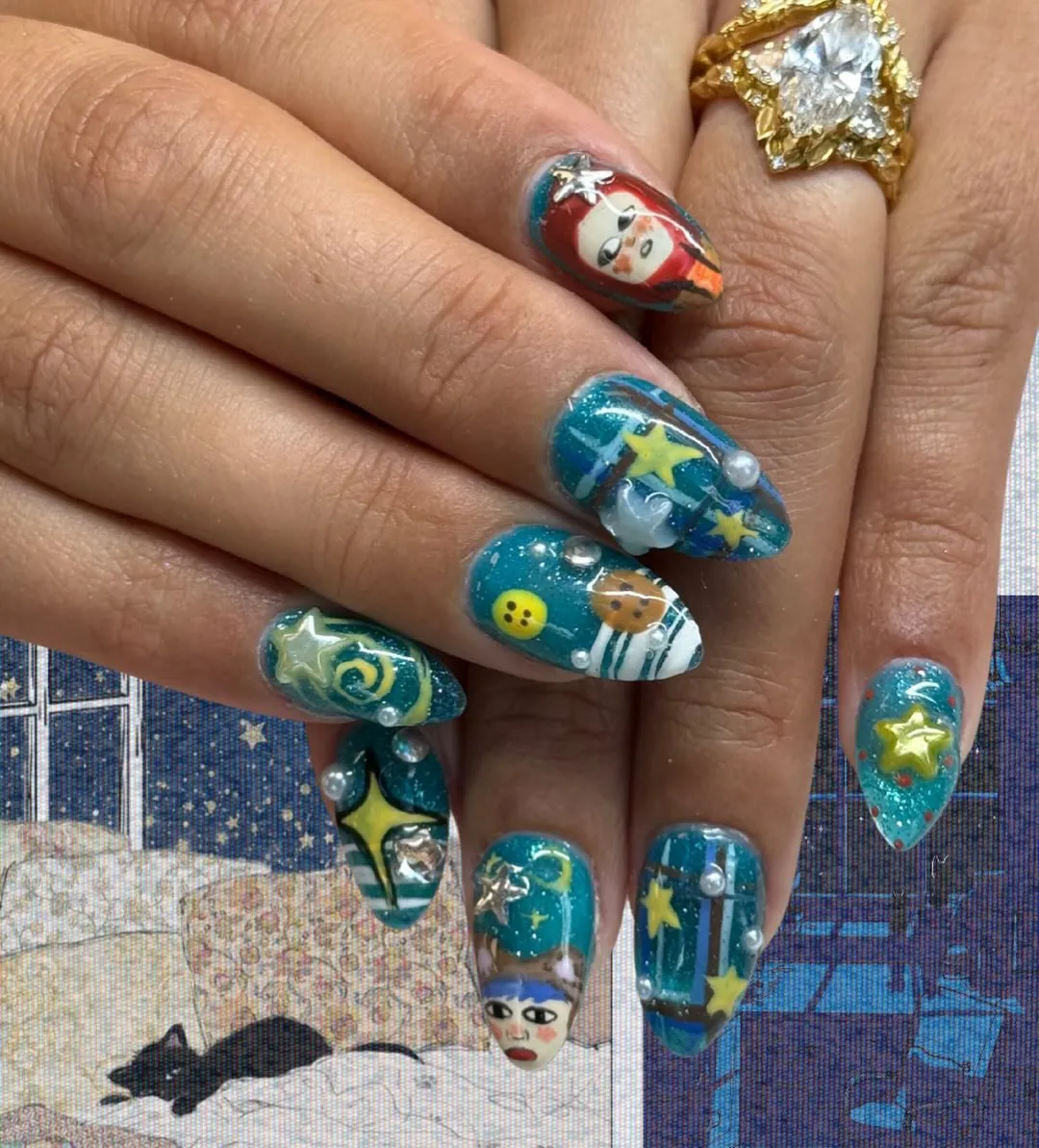 Teal Glitter Nails with 3D Stars and Illustrated Art
