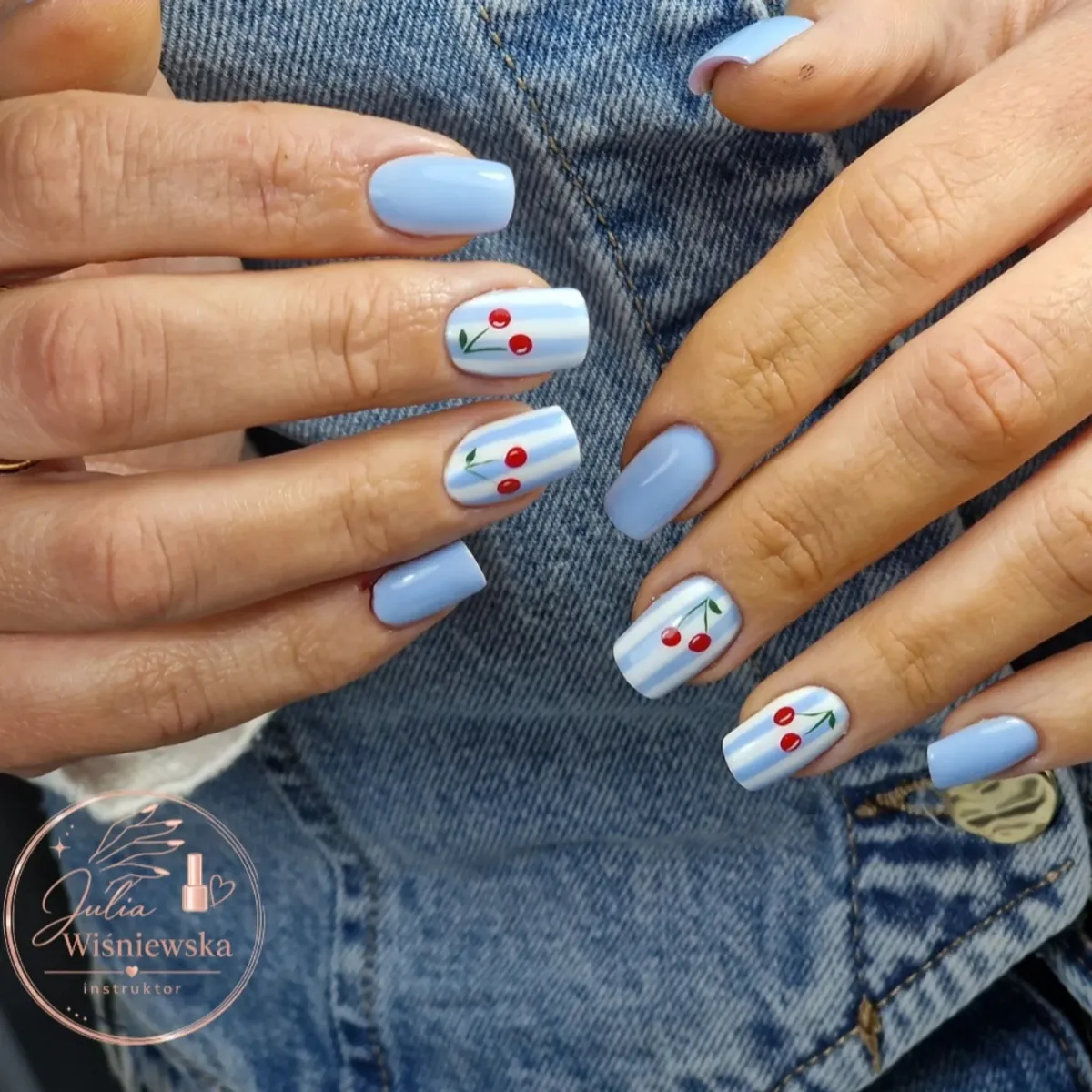 Light Blue Solids with Striped Cherry Accent Nails