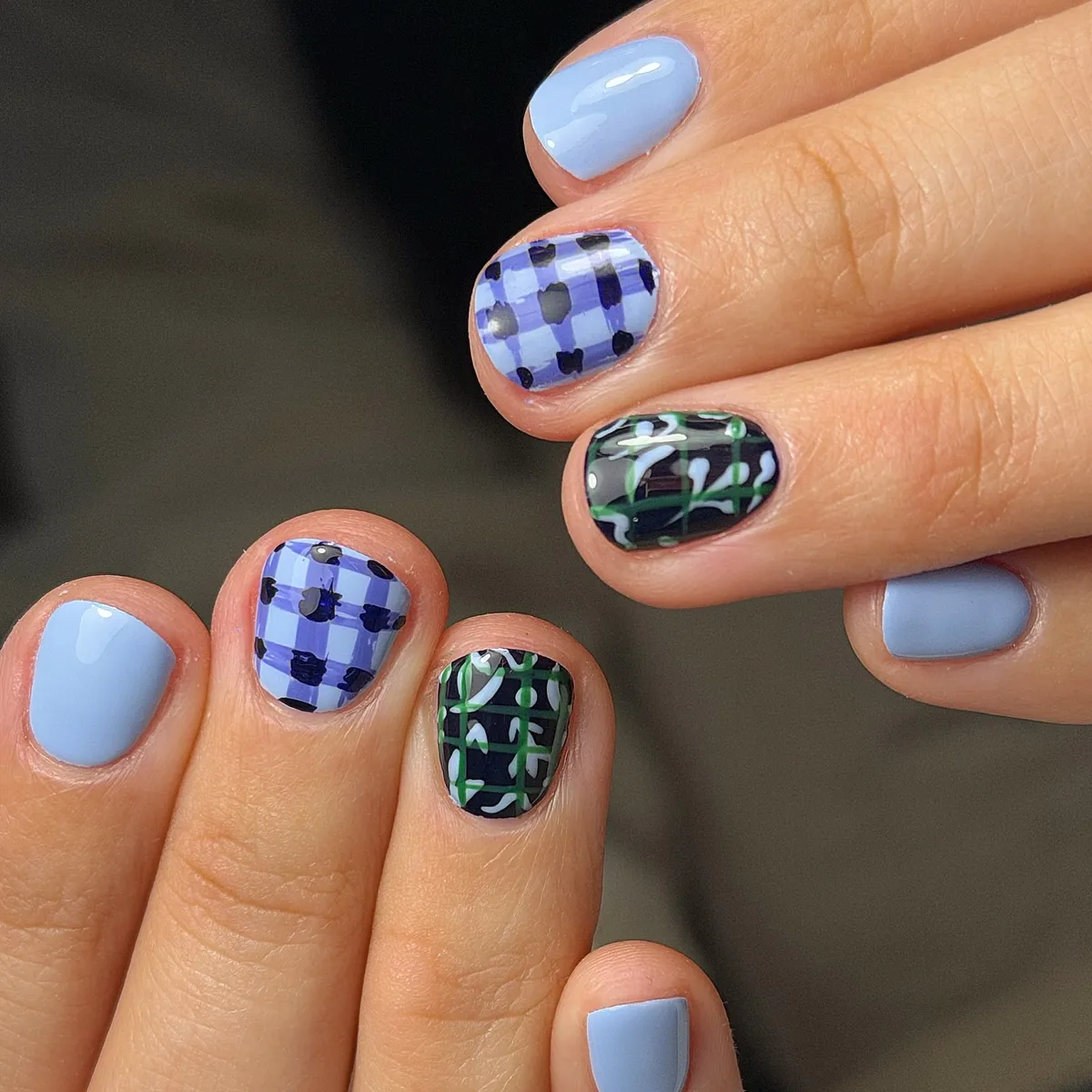 Pale Blue Solids with Checked and Green-Grid Accent Nails