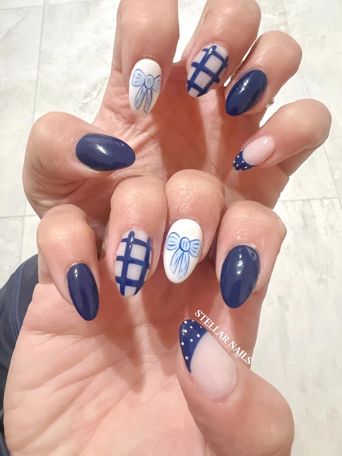 Navy Almonds with Bow Art, Plaid Grid, and Dotted French Tips