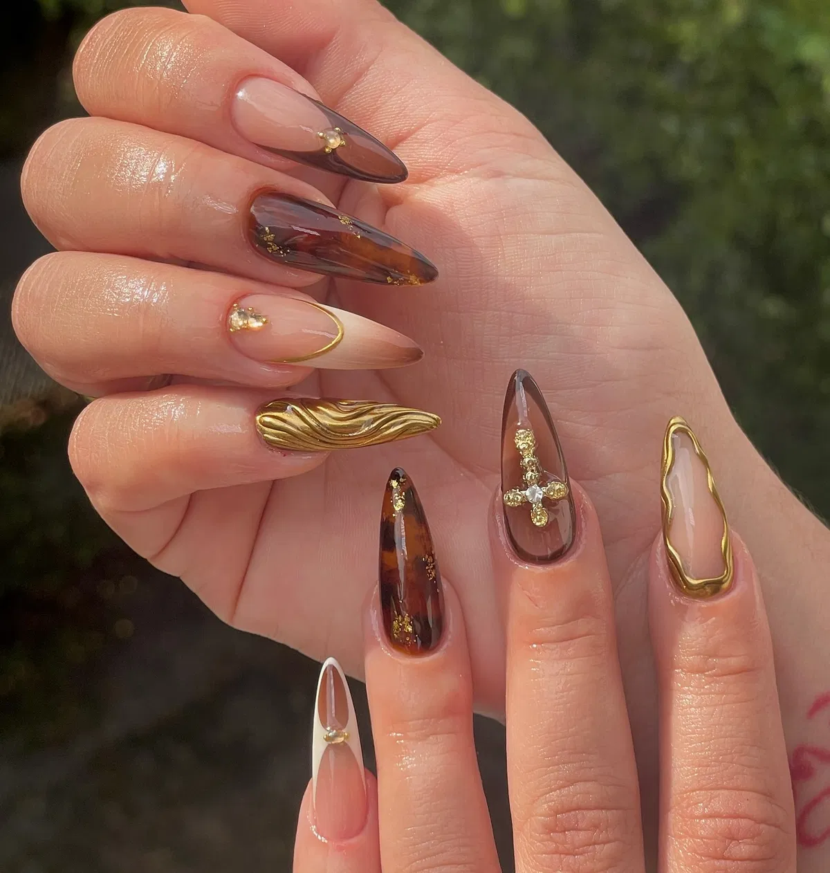 Tortoiseshell Mix with Metallic Gold Texture and Cross Charm