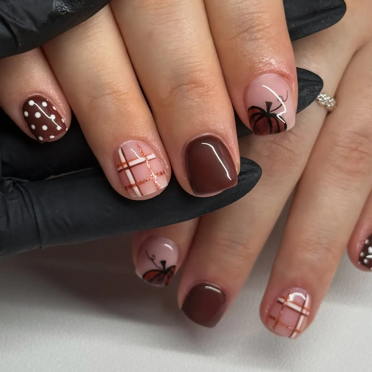 Brown solids with pale-pink plaid-line accents