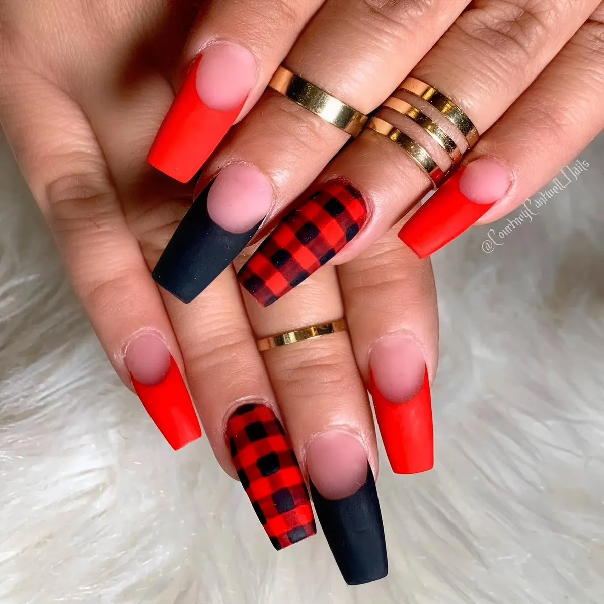 Red-and-black checkered with bold color-block tips
