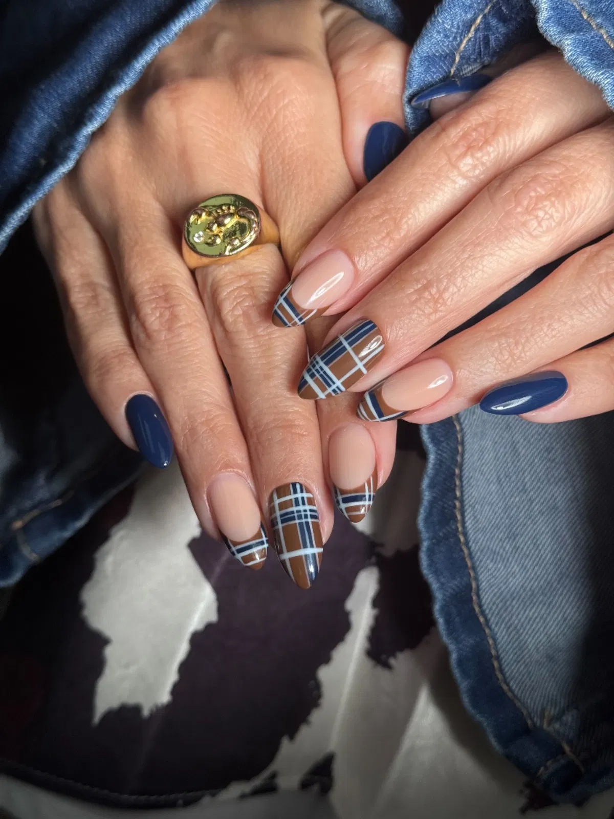 Navy solids with nude-and-plaid tip designs