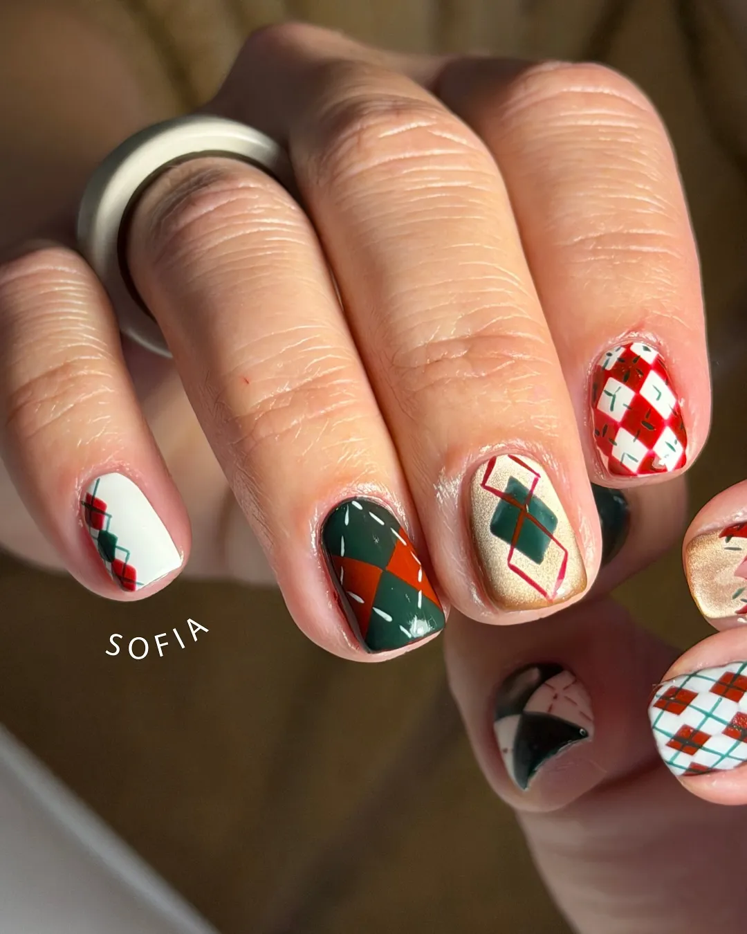 Mixed plaid/check patterns with metallic gold and geometric accents