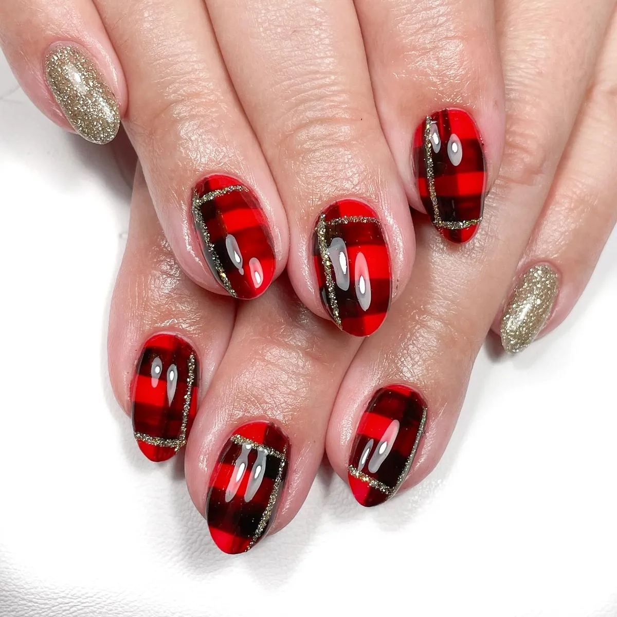 Red-and-black plaid with gold glitter accents