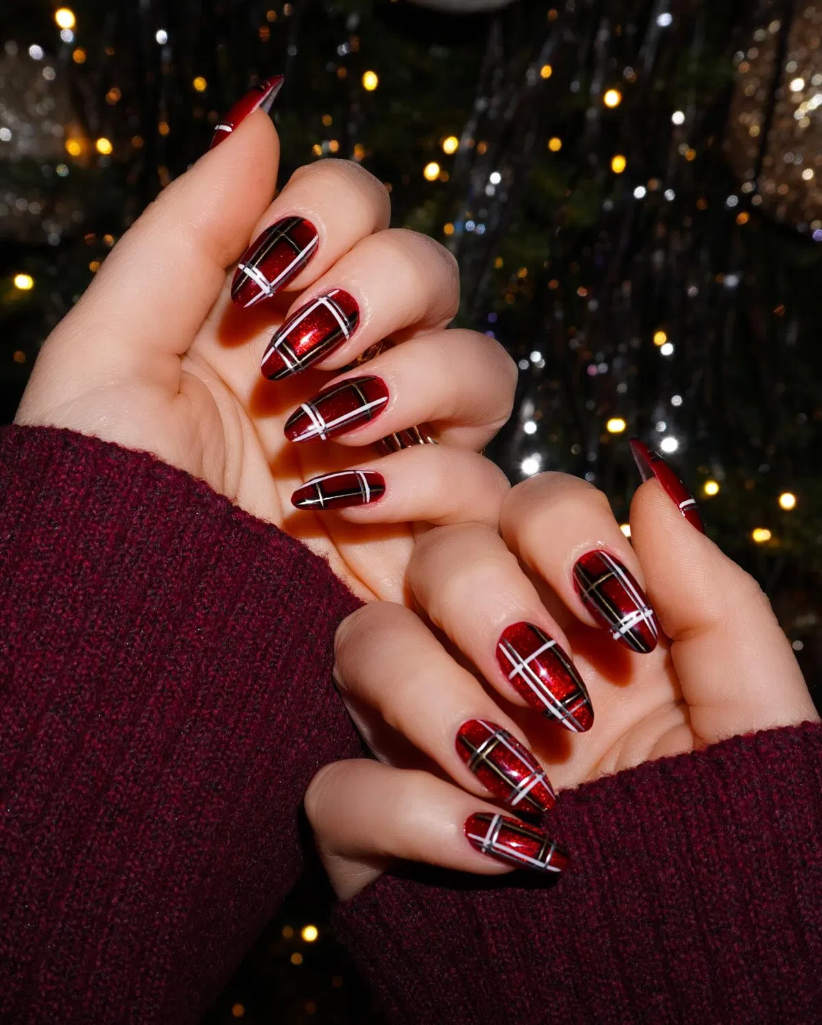 Shimmery deep red plaid with black-and-white grid lines