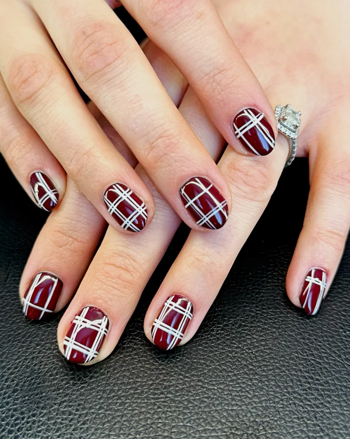 All-over burgundy plaid with crisp white crisscross lines