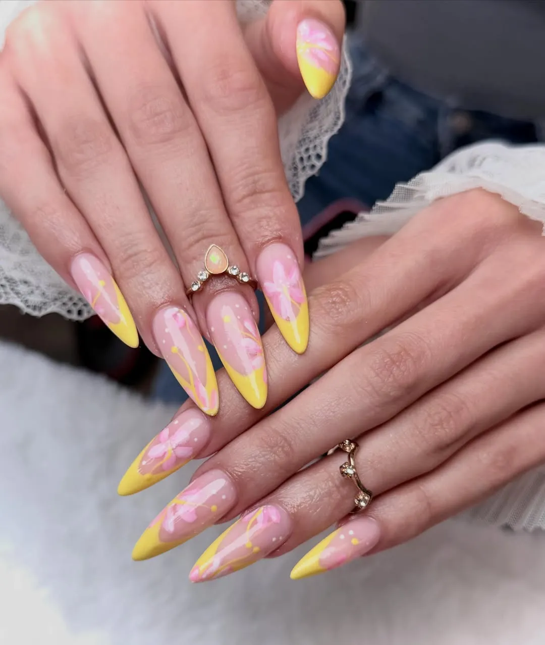 Yellow pointed tips with pink swirls