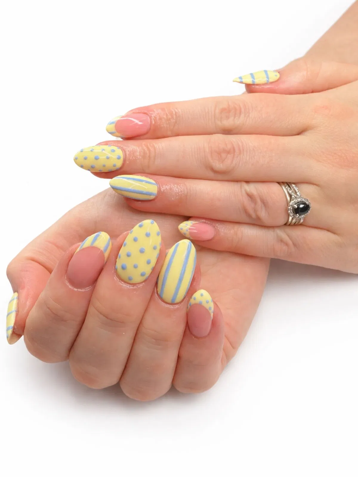 Pastel yellow with blue stripes and dots