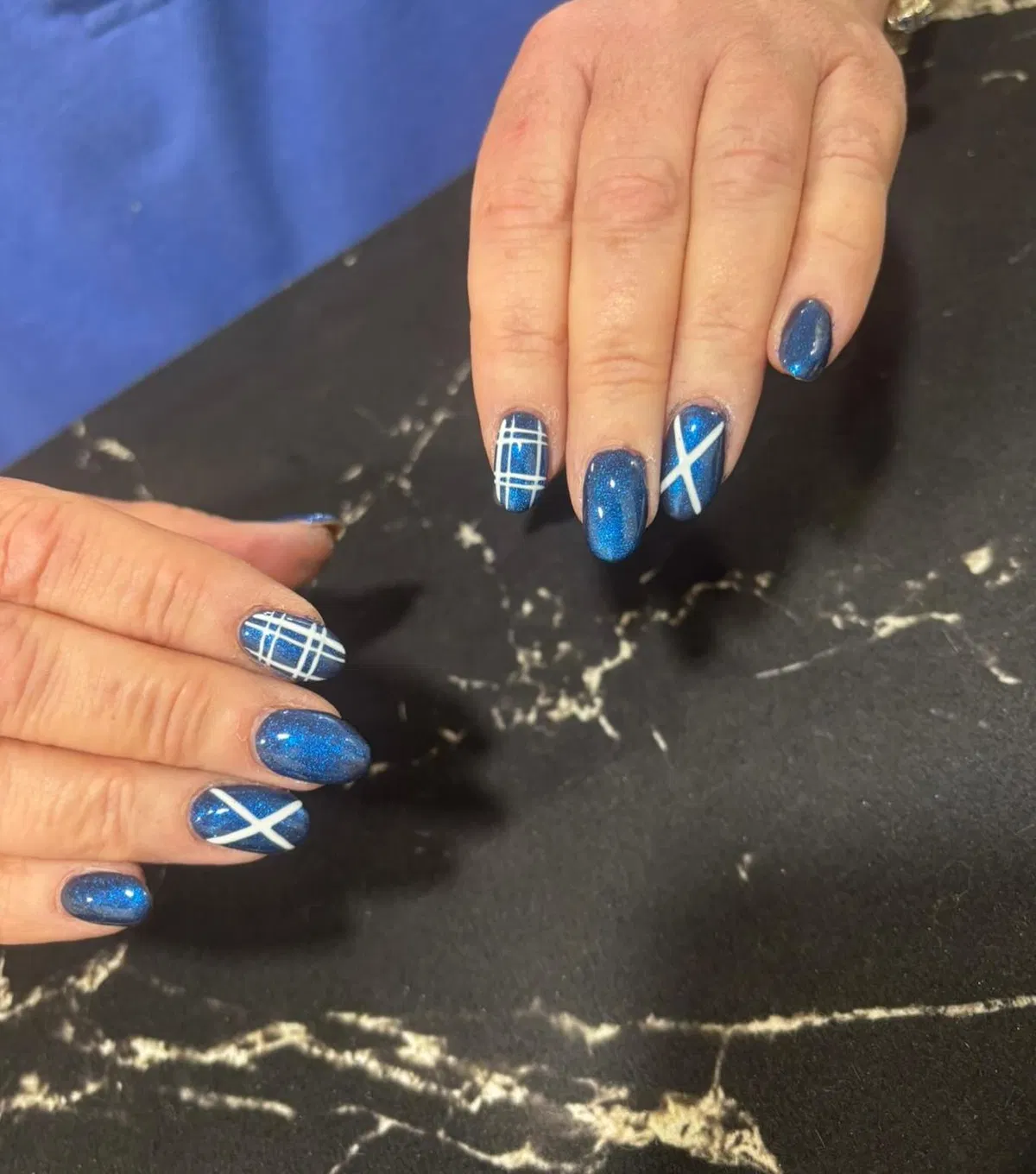 Blue shimmer set with white plaid and X-line accents