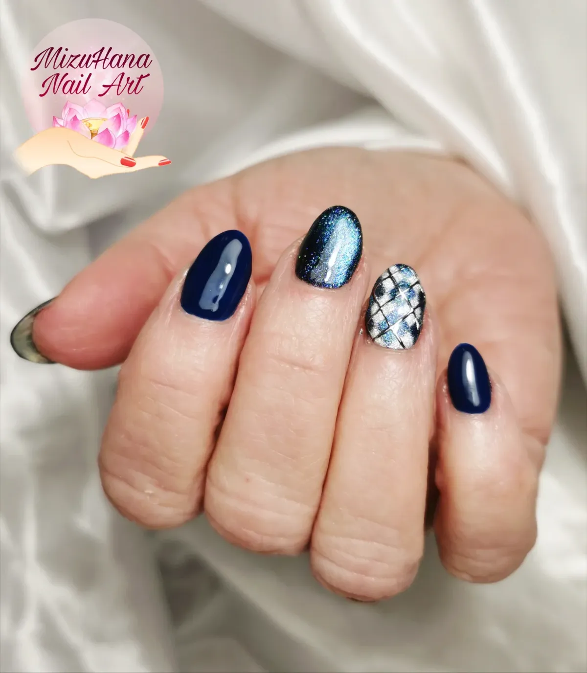 Navy solids with silver-and-black diamond grid accent