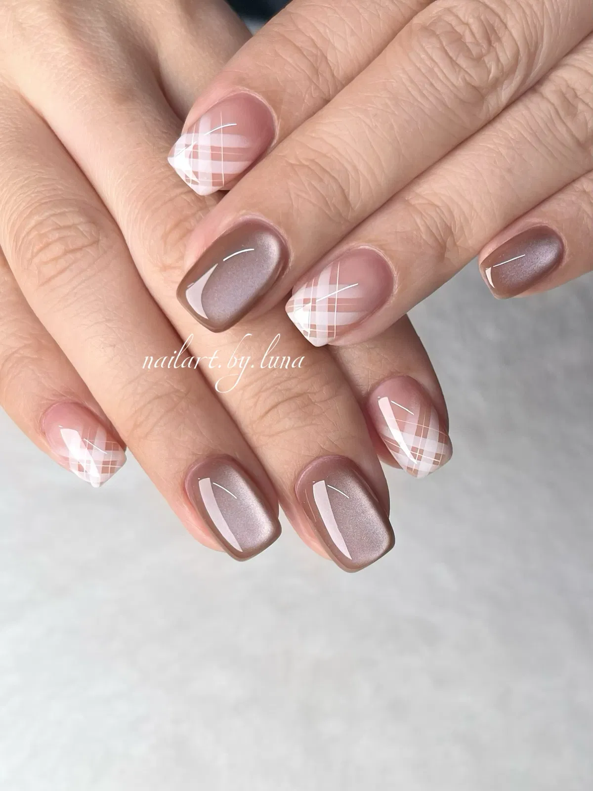 Soft neutral shimmer with sheer plaid French tips