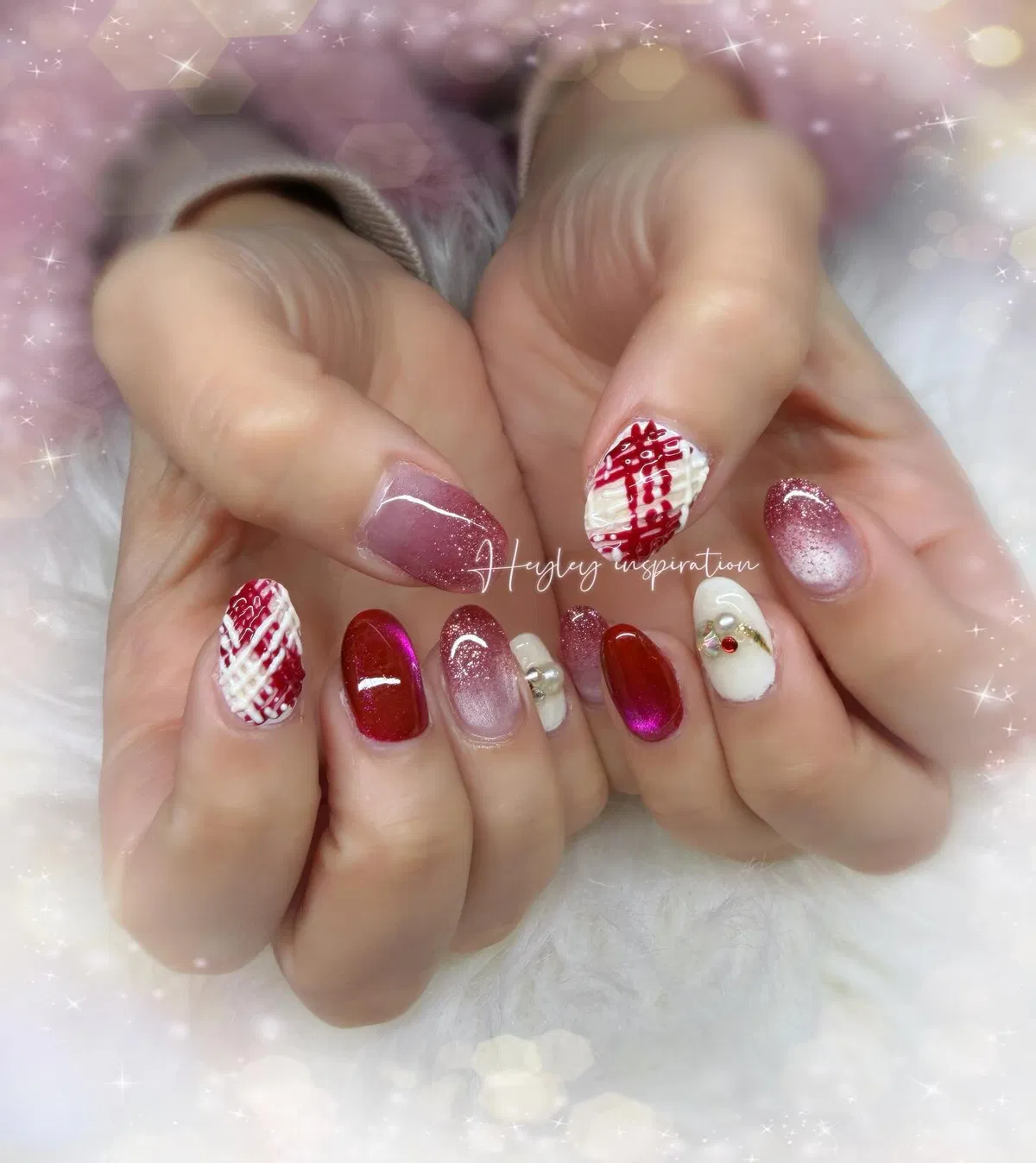 Red and pink shimmer mix with textured white plaid and small embellishments