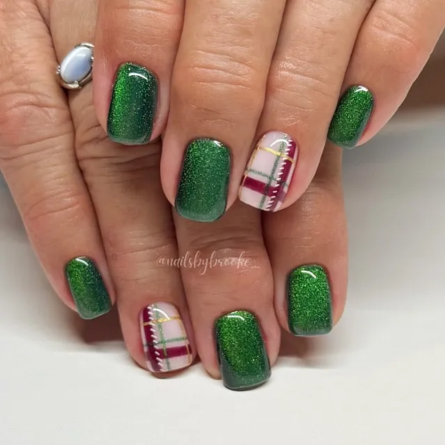 Green shimmer set with burgundy-and-gold plaid accents