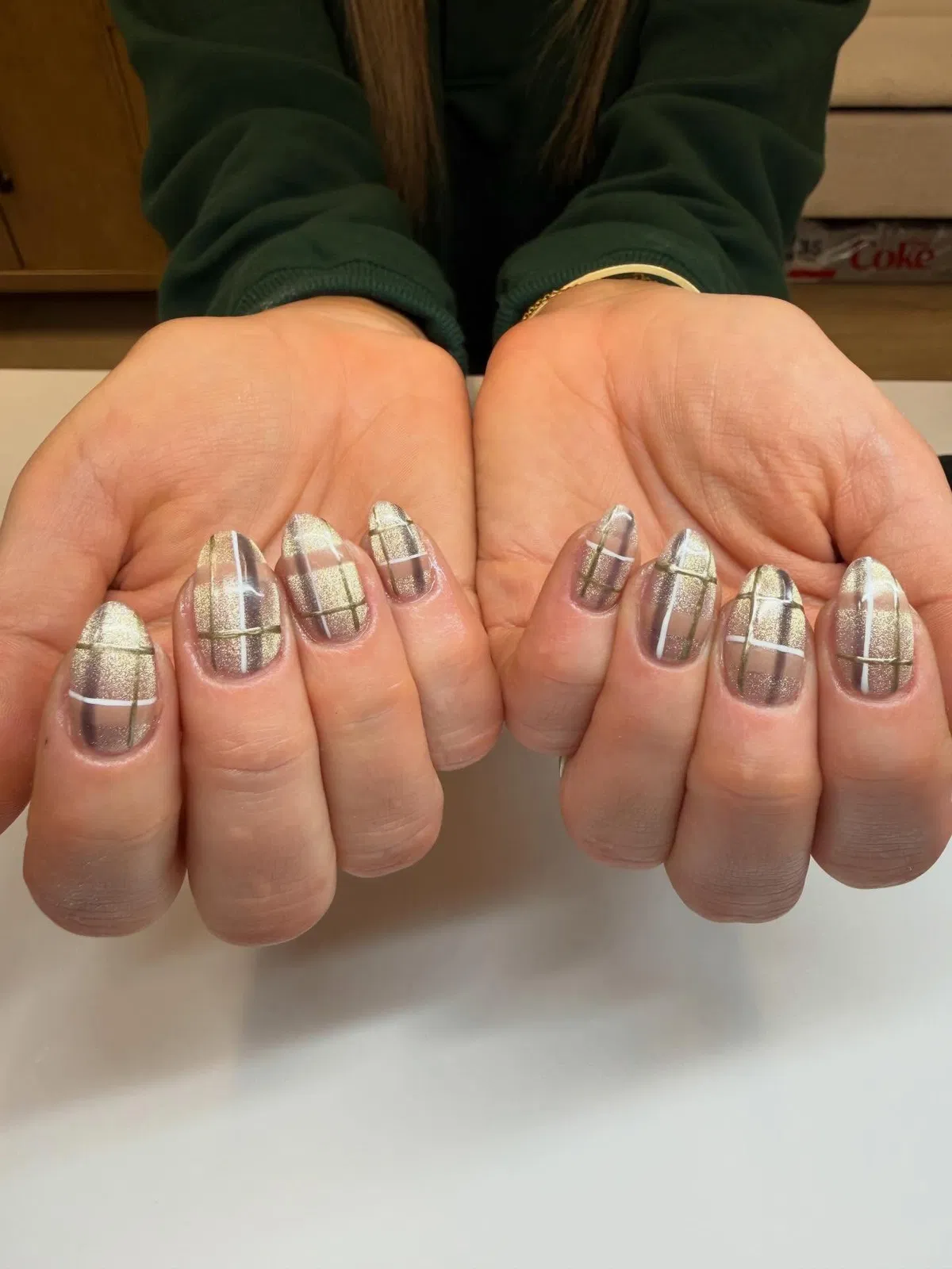 Metallic silver-gold plaid with white and olive grid lines