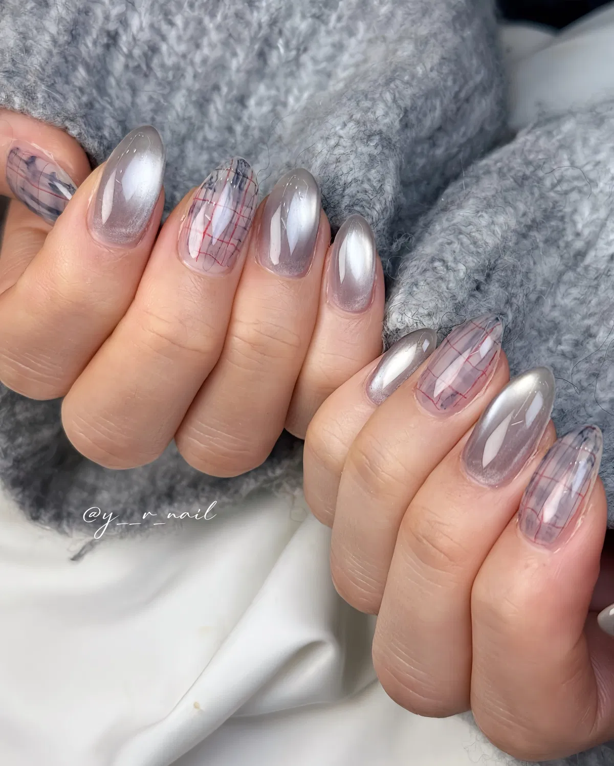 Silver reflective almonds with fine red-and-gray plaid accents